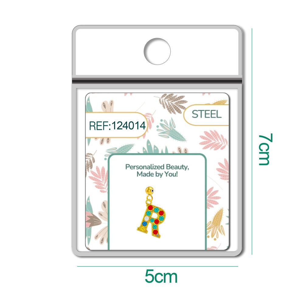 CHARM de Letra R Acero color Dorado con Circonita-con Bola de Goma