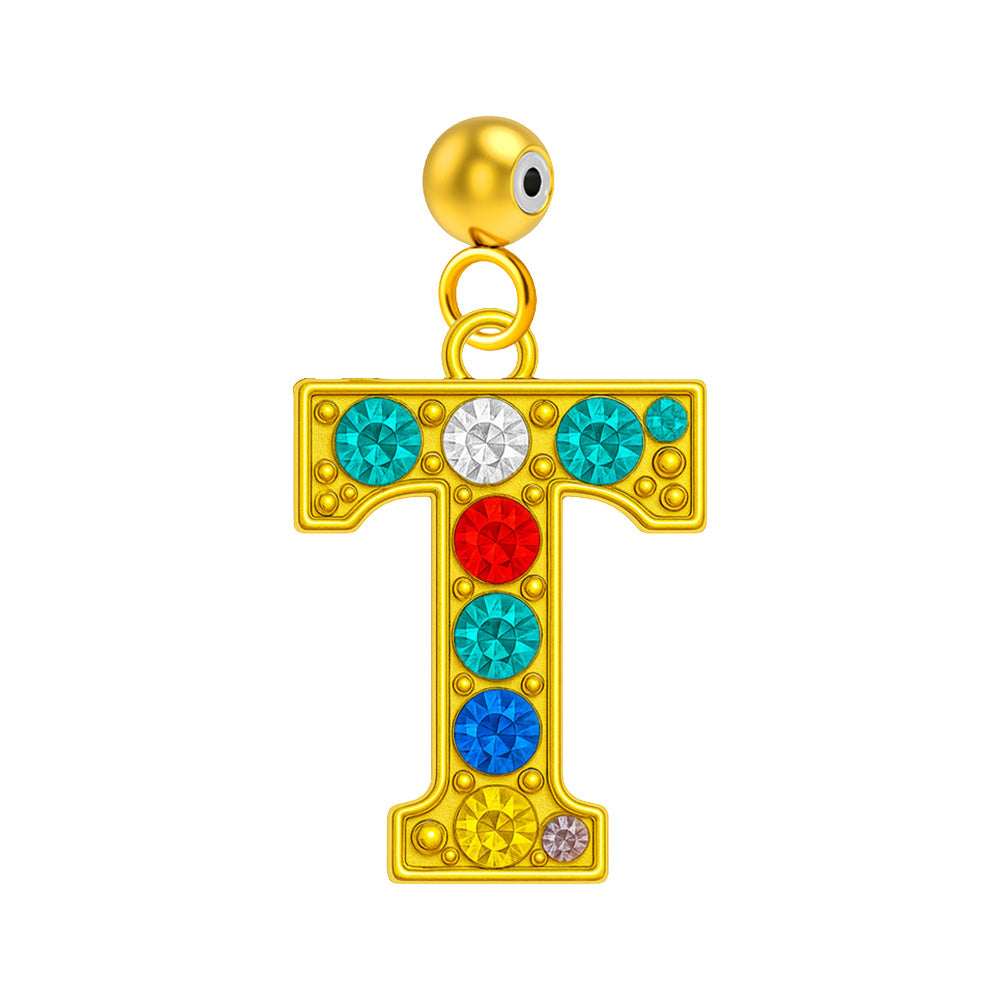 CHARM de Letra T Acero color Dorado con Circonita-con Bola de Goma
