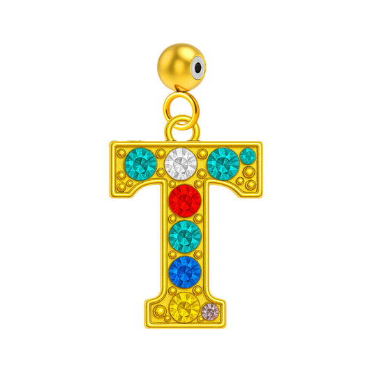 CHARM de Letra T Acero color Dorado con Circonita-con Bola de Goma