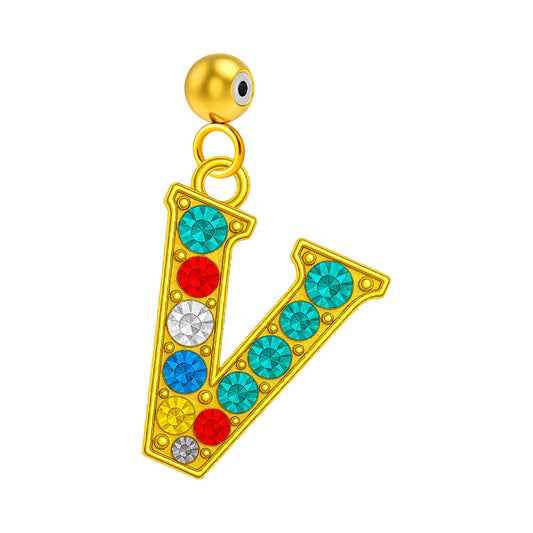 CHARM de Letra V Acero color Dorado con Circonita-con Bola de Goma