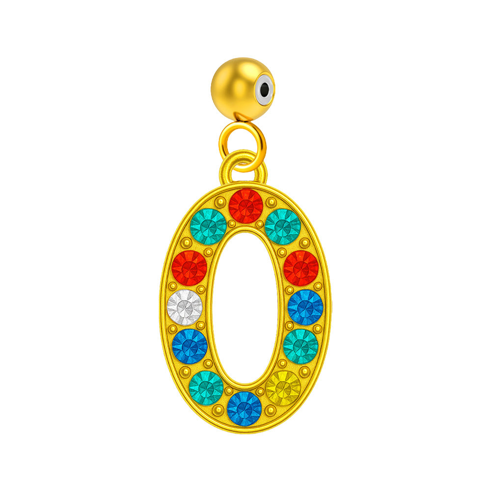 Charm colgante dorado de número 0 con circonitas de colores con bola de acero con goma