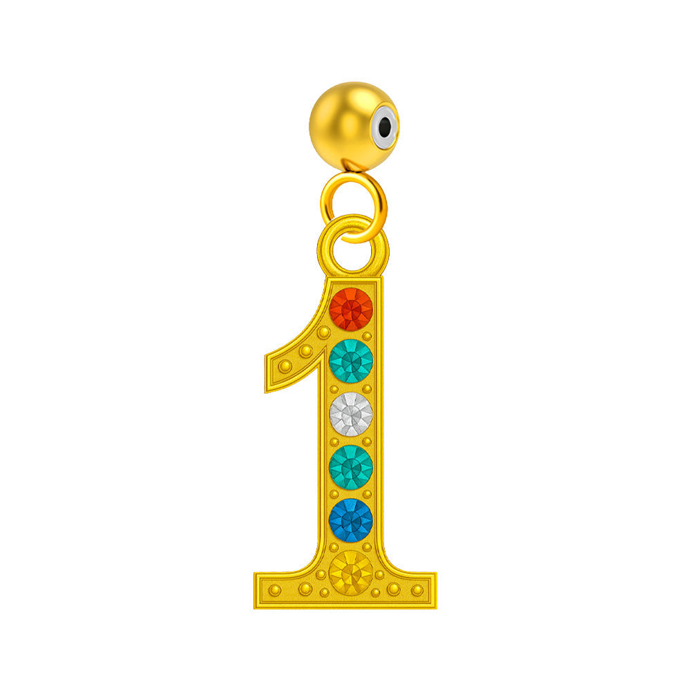 Charm colgante dorado de número 1 con circonitas de colores con bola de acero con goma