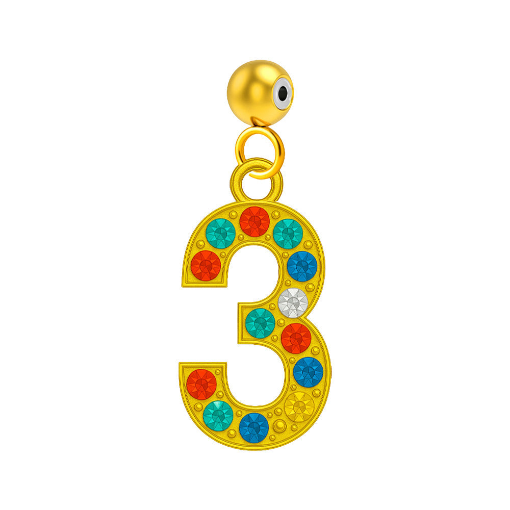 Charm colgante dorado de número 3 con circonitas de colores con bola de acero con goma