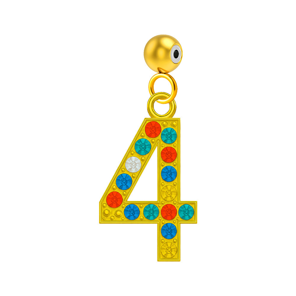 Charm colgante dorado de número 4 con circonitas de colores con bola de acero con goma