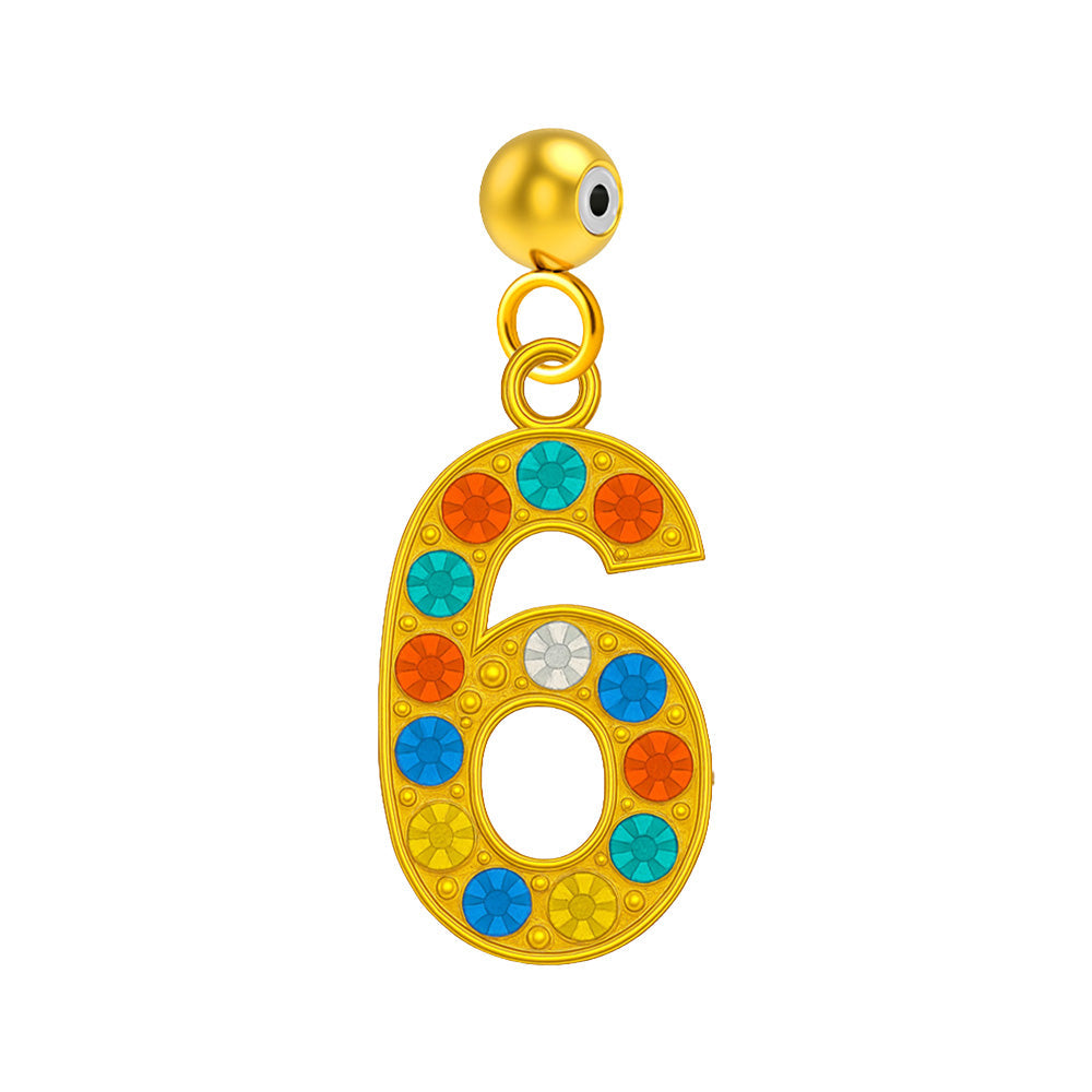 Charm colgante dorado de número 6 con circonitas de colores con bola de acero con goma