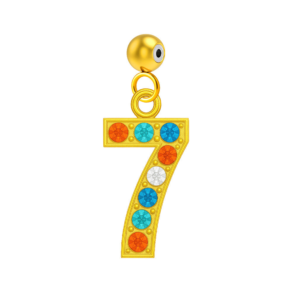Charm colgante dorado de número 7 con circonitas de colores con bola de acero con goma