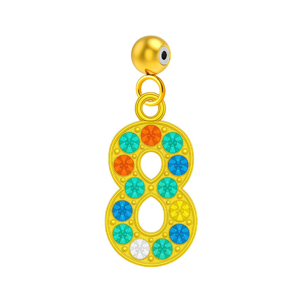 Charm colgante dorado de número 8 con circonitas de colores con bola de acero con goma