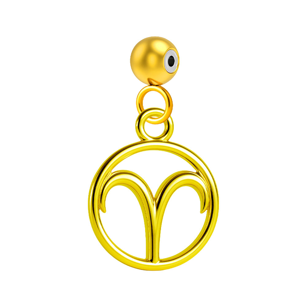 Charm colgante dorado con símbolo de Aries y bola superior de acero con inserto de goma sobre fondo blanco