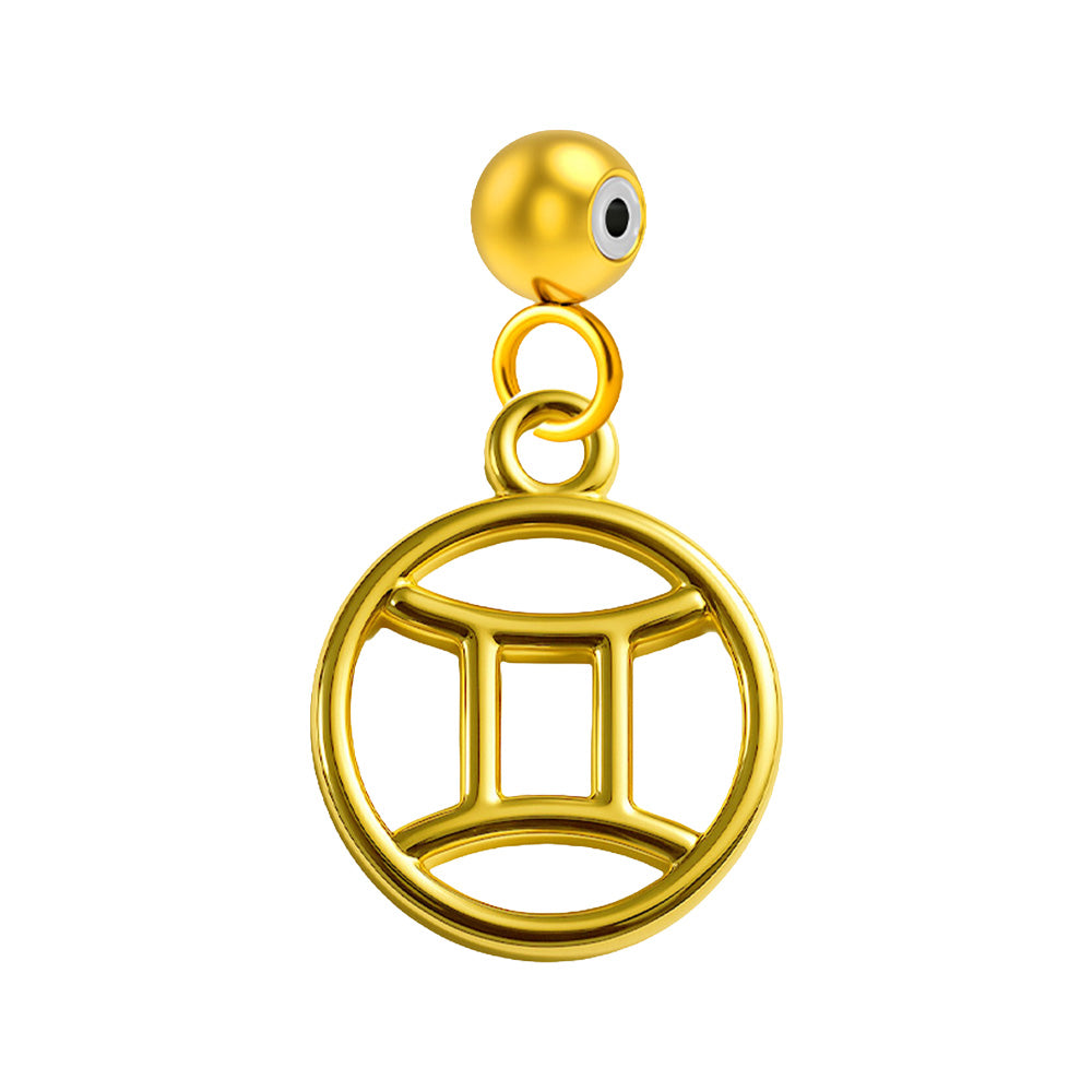 Charm colgante dorado con símbolo de Géminis y bola superior de acero con inserto de goma sobre fondo blanco