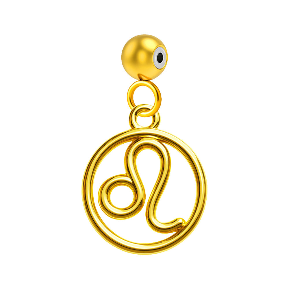 Charm colgante dorado con símbolo de Leo y bola superior de acero con inserto de goma sobre fondo blanco