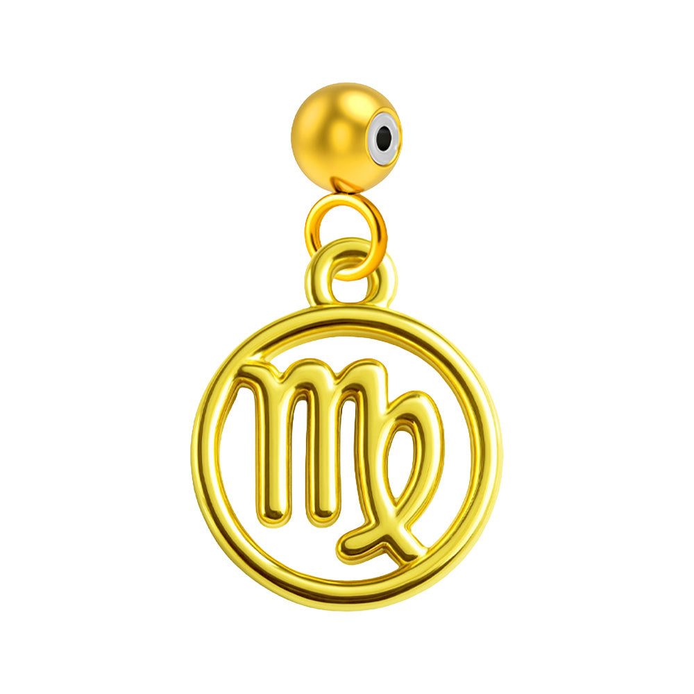 Charm colgante dorado con símbolo de Virgo y bola superior de acero con inserto de goma sobre fondo blanco