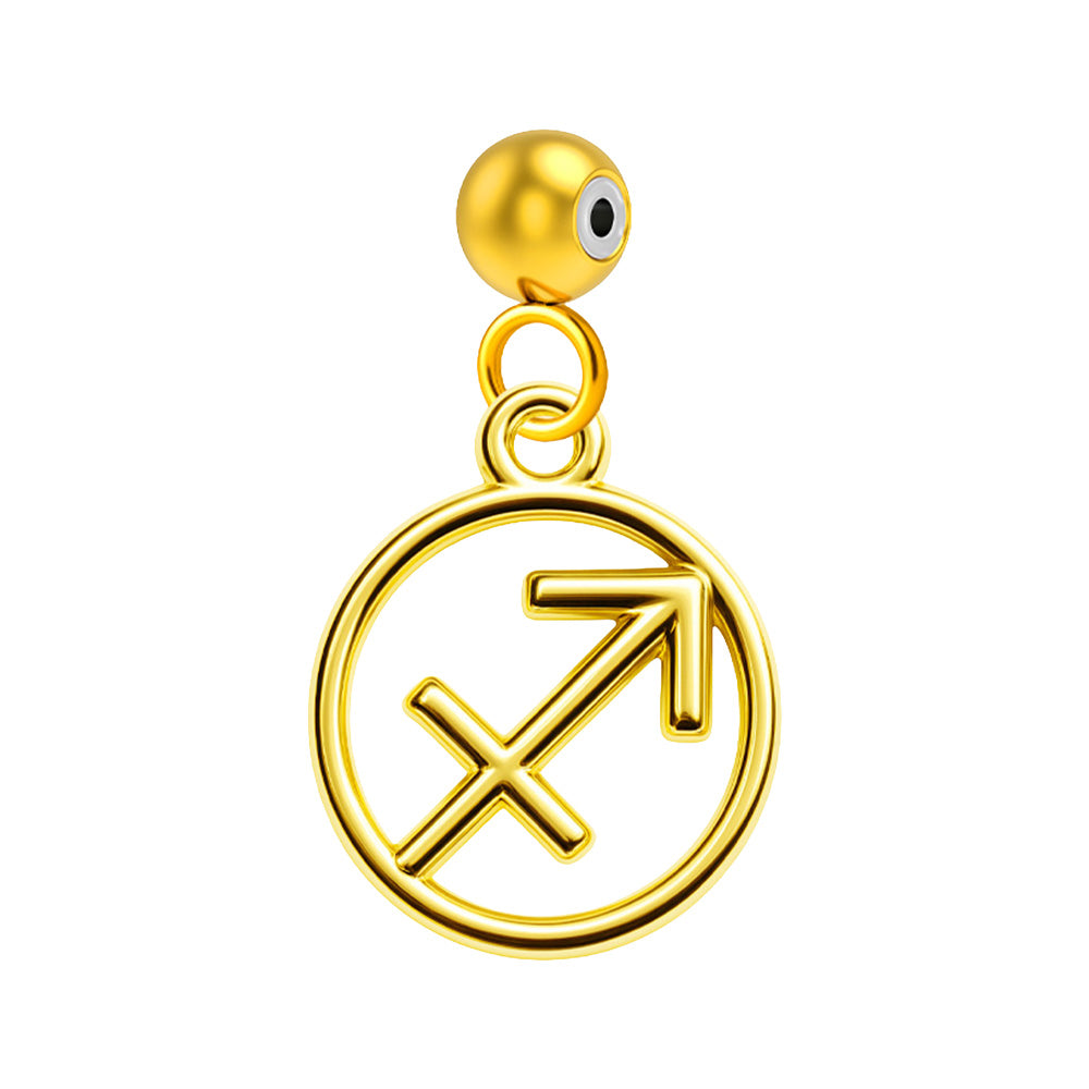 Charm colgante dorado con símbolo de Sagitario y bola superior de acero con inserto de goma sobre fondo blanco