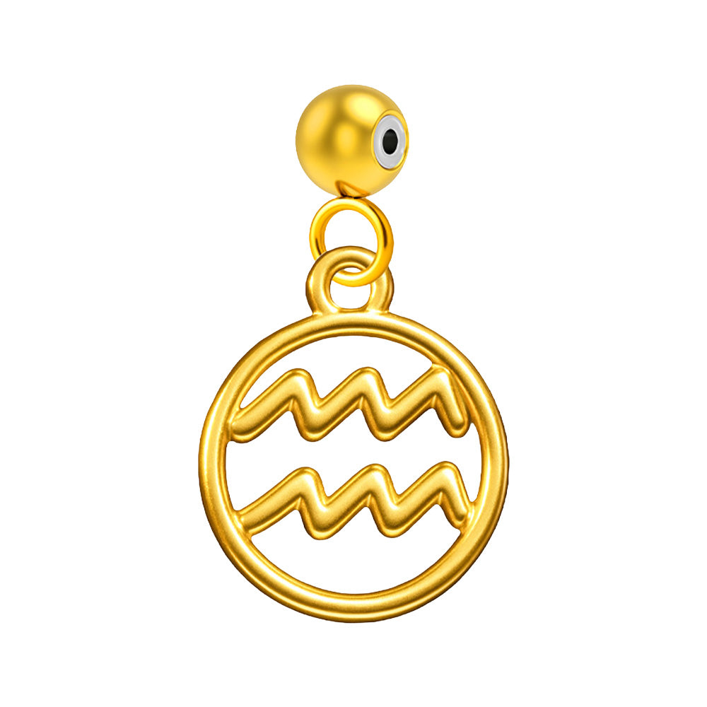 Charm colgante dorado con símbolo de Acuario y bola superior de acero con inserto de goma sobre fondo blanco