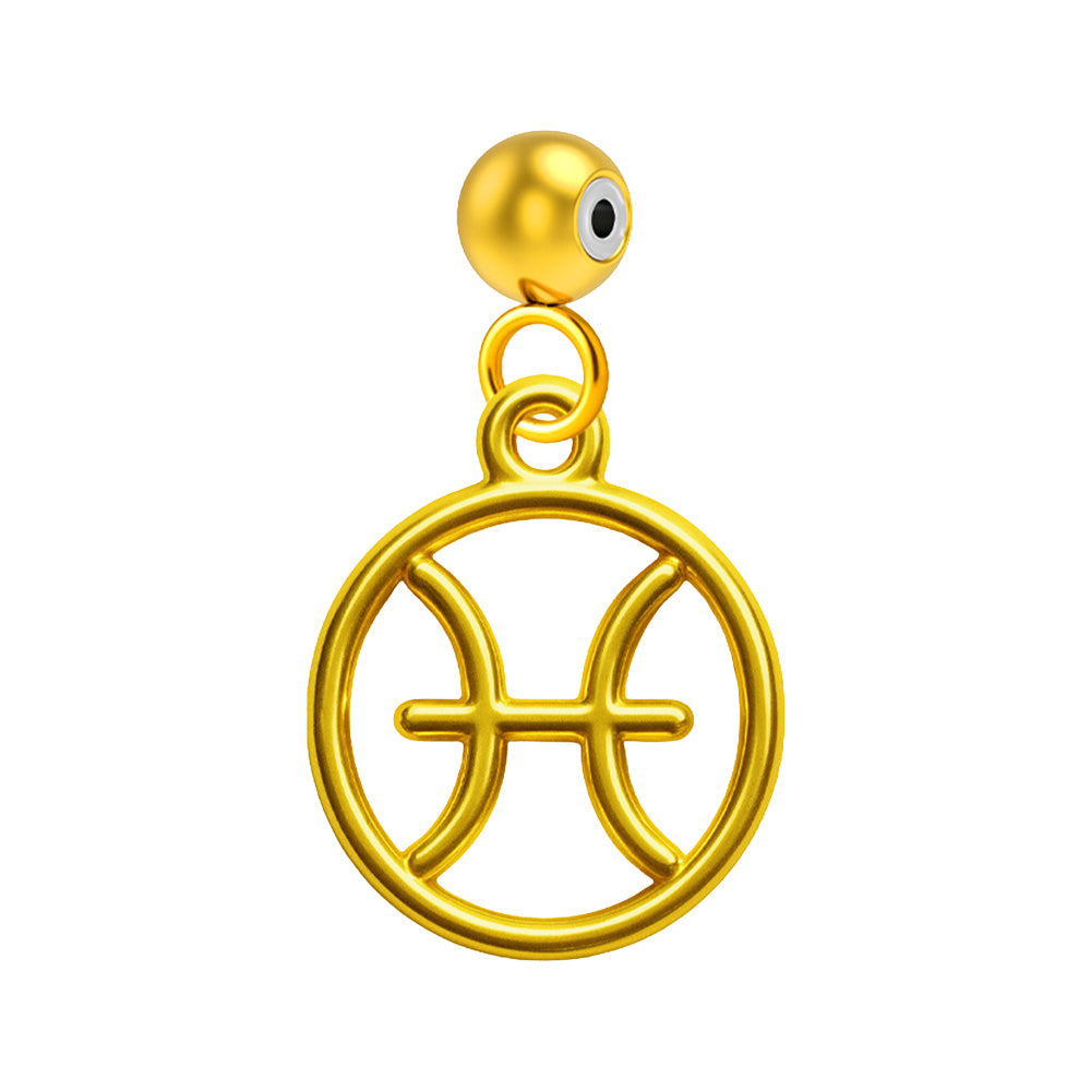 Charm colgante dorado con símbolo de Piscis y bola superior de acero con inserto de goma sobre fondo blanco