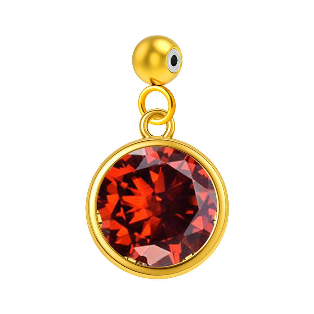 Charm colgante dorado con piedra de nacimiento facetada de Enero y bola de acero con goma, sobre fondo blanco
