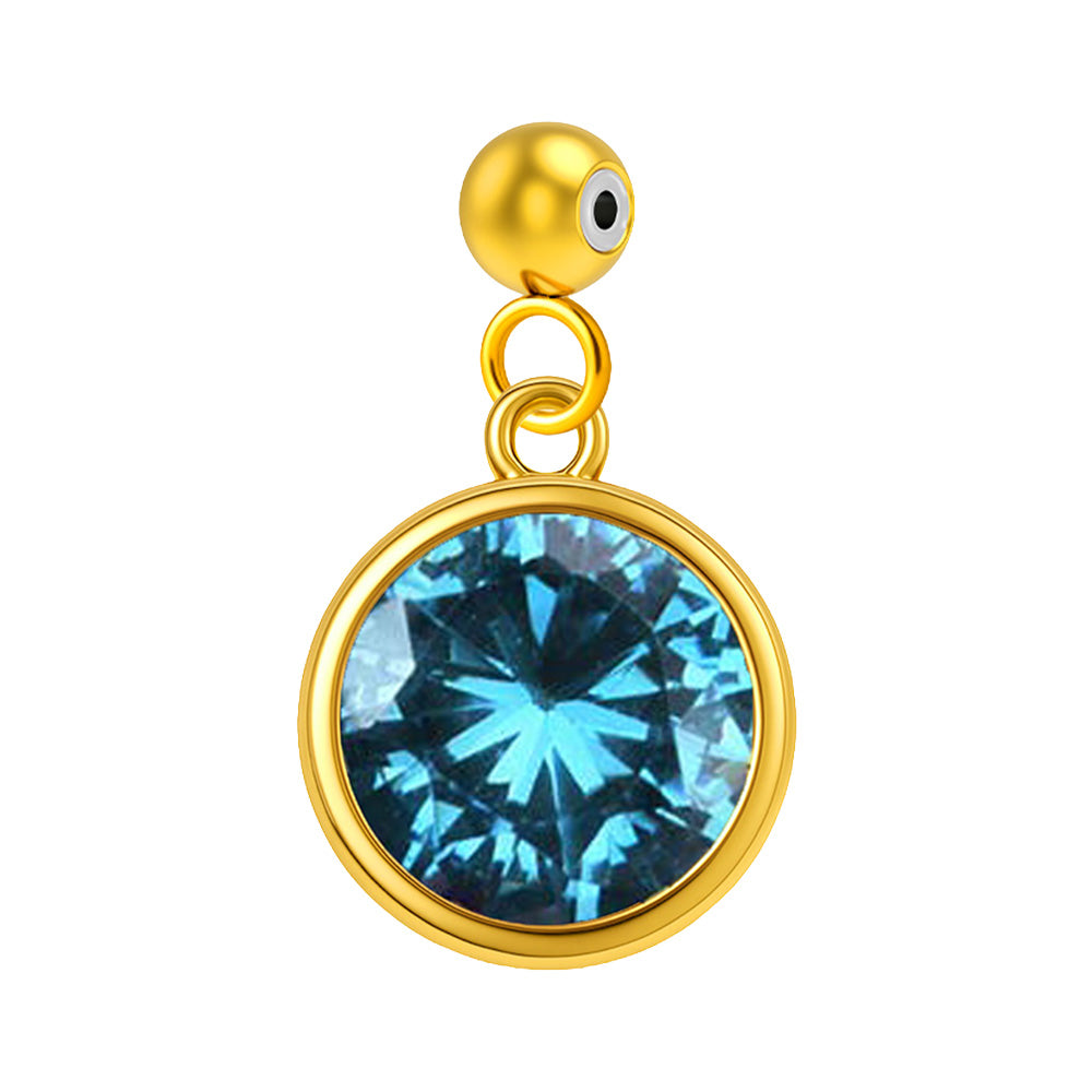 Charm colgante dorado con piedra de nacimiento facetada de Marzo y bola de acero con goma, sobre fondo blanco