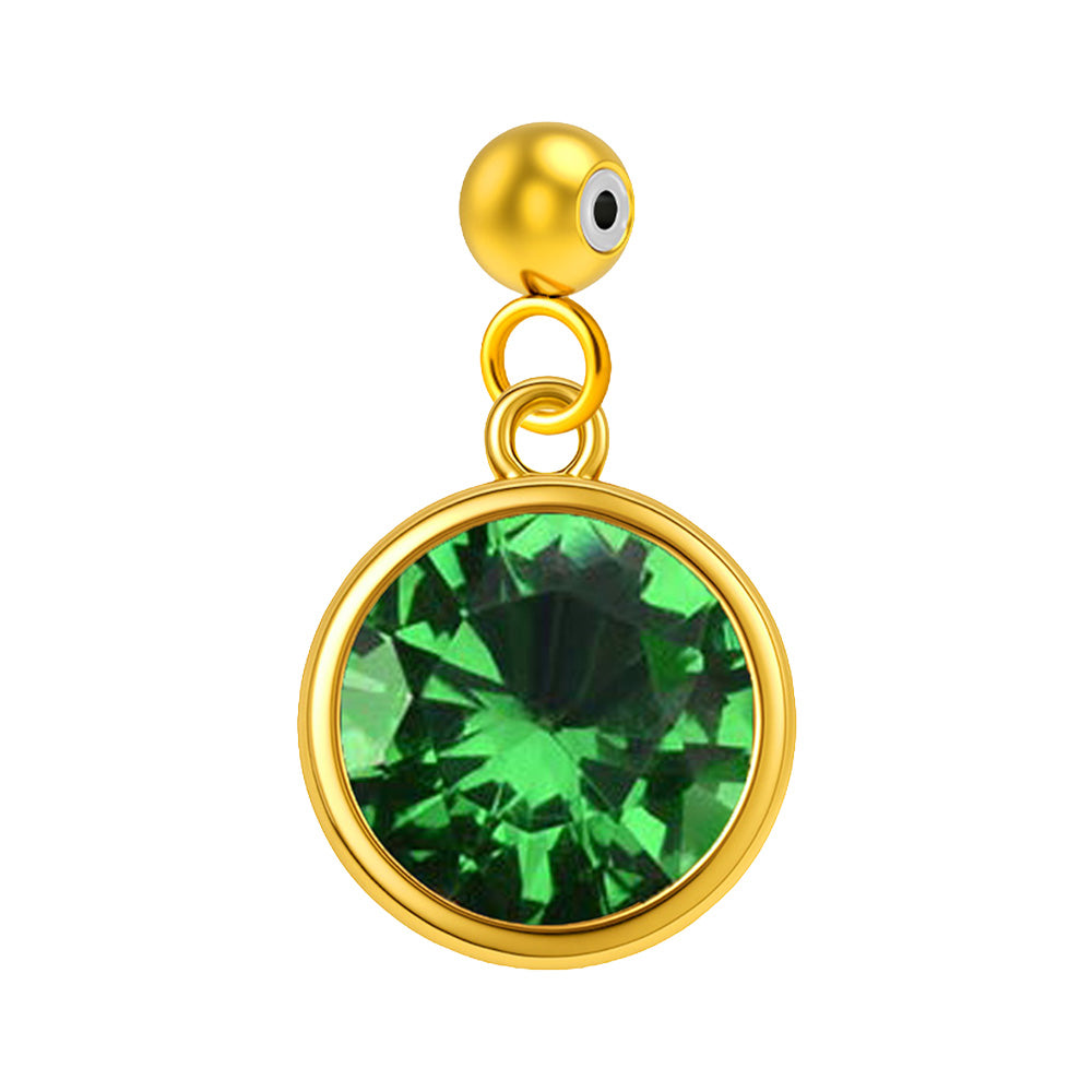Charm colgante dorado con piedra de nacimiento facetada de Mayo y bola de acero con goma, sobre fondo blanco