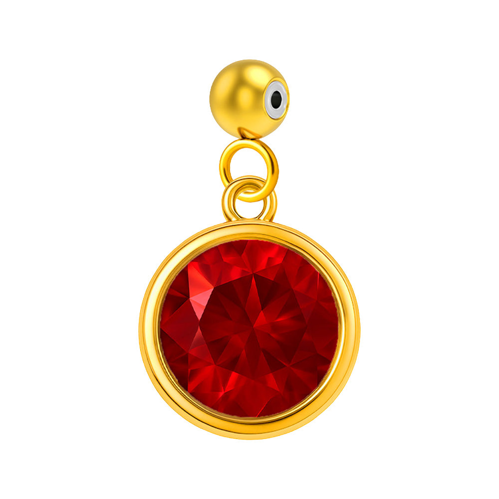 Charm colgante dorado con piedra de nacimiento facetada de Julio y bola de acero con goma, sobre fondo blanco