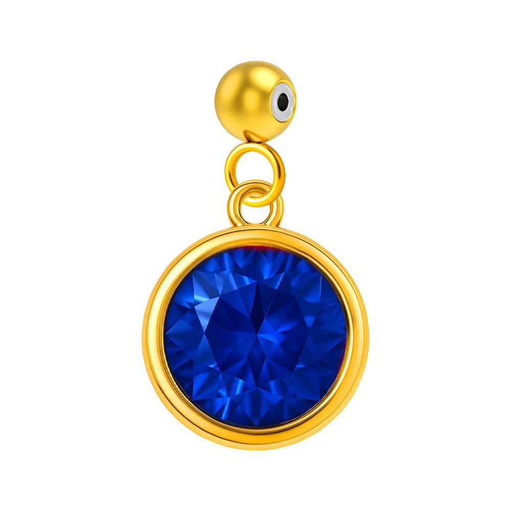 Charm colgante dorado con piedra de nacimiento facetada de Septiembre y bola de acero con goma, sobre fondo blanco