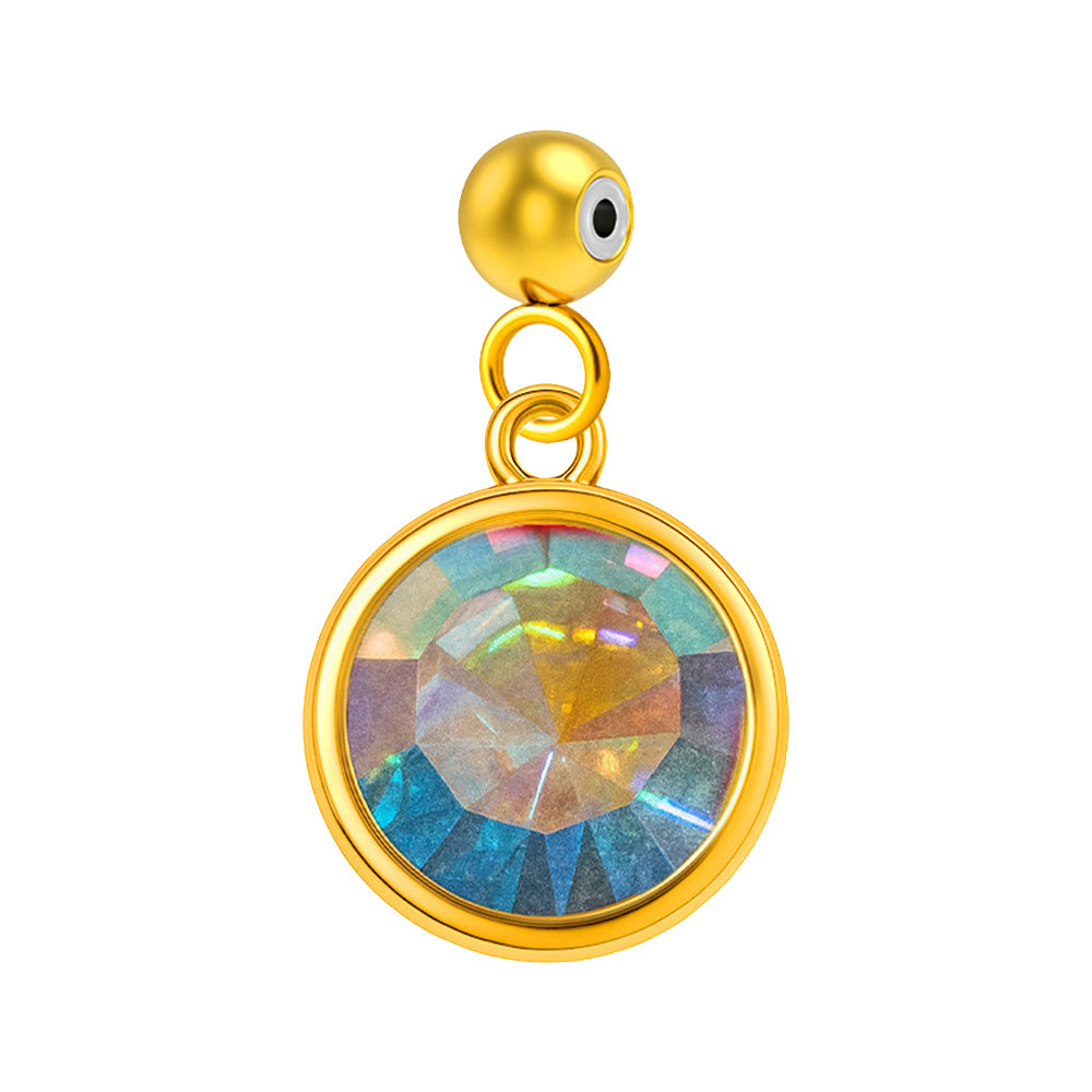 Charm colgante dorado con piedra de nacimiento facetada de Octubre y bola de acero con goma, sobre fondo blanco