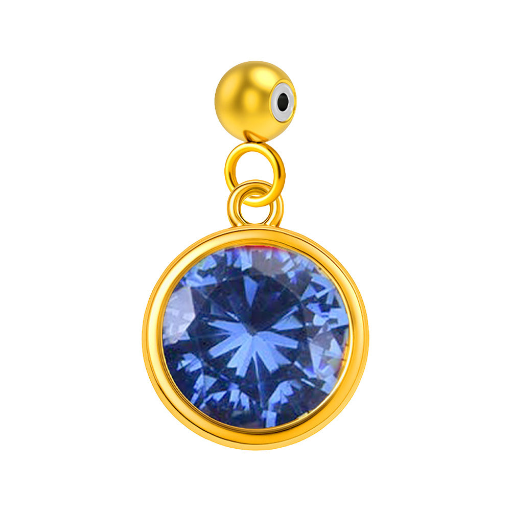 Charm colgante dorado con piedra de nacimiento facetada de Diciembre y bola de acero con goma, sobre fondo blanco