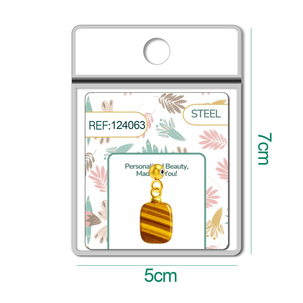 Detalle de charm colgante de ojo de tigre rectangular con bola de acero con goma