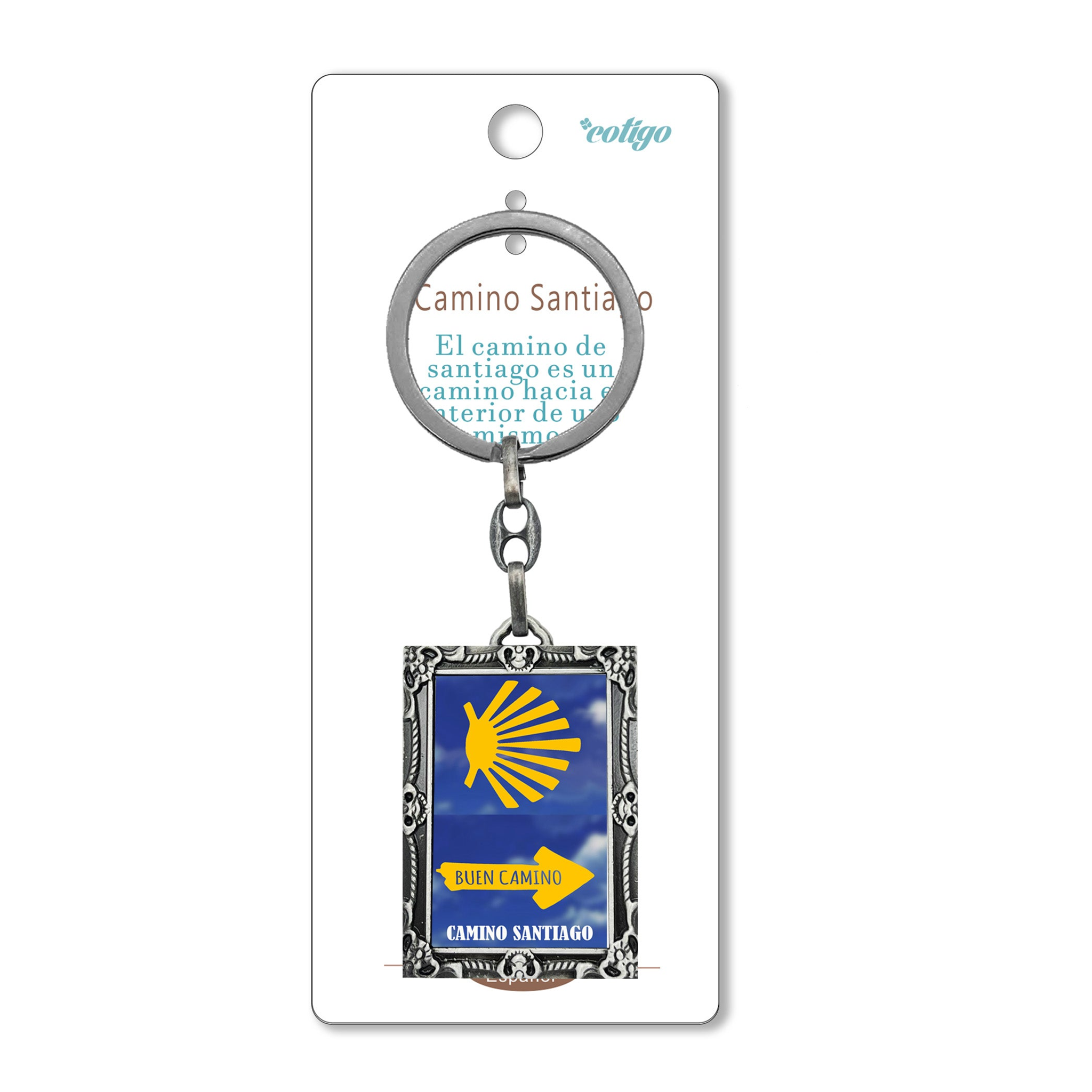 Presentación original del llavero Camino de Santiago con tarjeta Cotigo