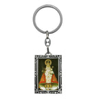 Llavero rectangular de metal envejecido con imagen a color de la Virgen de Covadonga La Santina y marco ornamentado