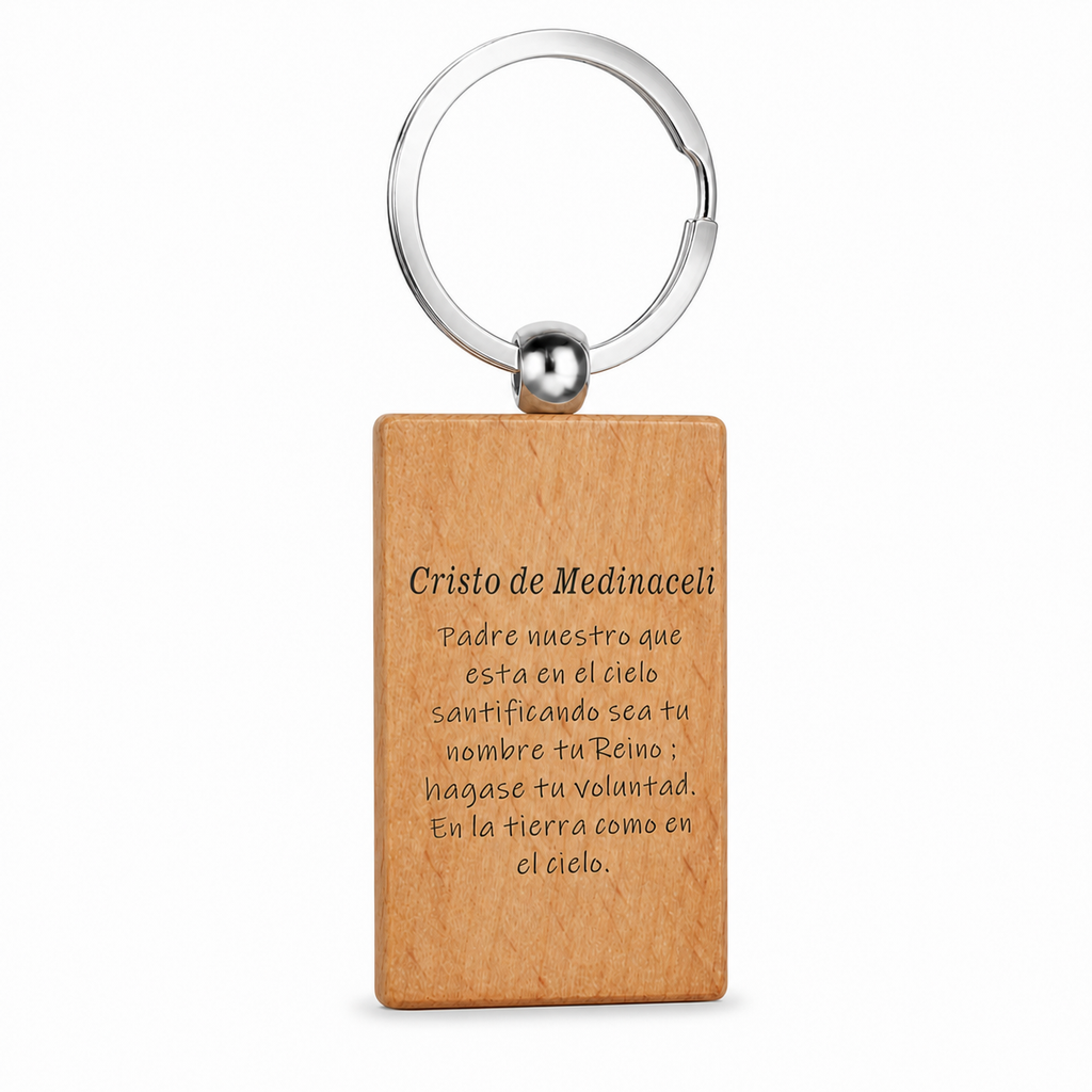 Reverso grabado del llavero de madera Cristo de Medinaceli con anilla de acero inoxidable