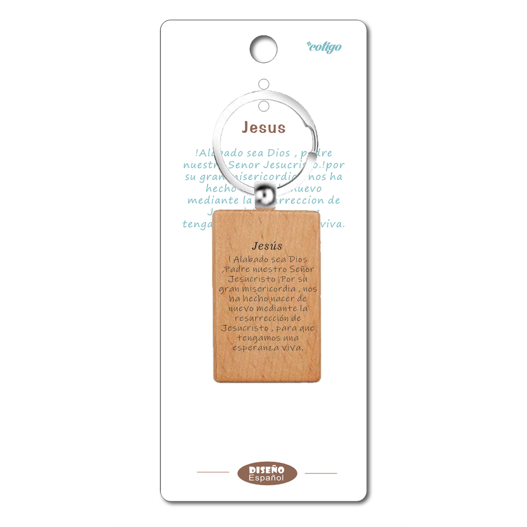 Llavero de madera Jesús Crucificado en su tarjeta original