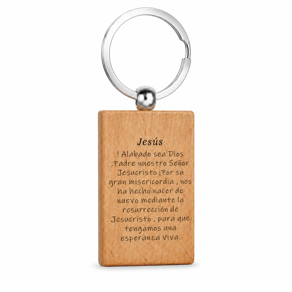 Reverso grabado del llavero de madera Jesús Crucificado con anilla de acero inoxidable