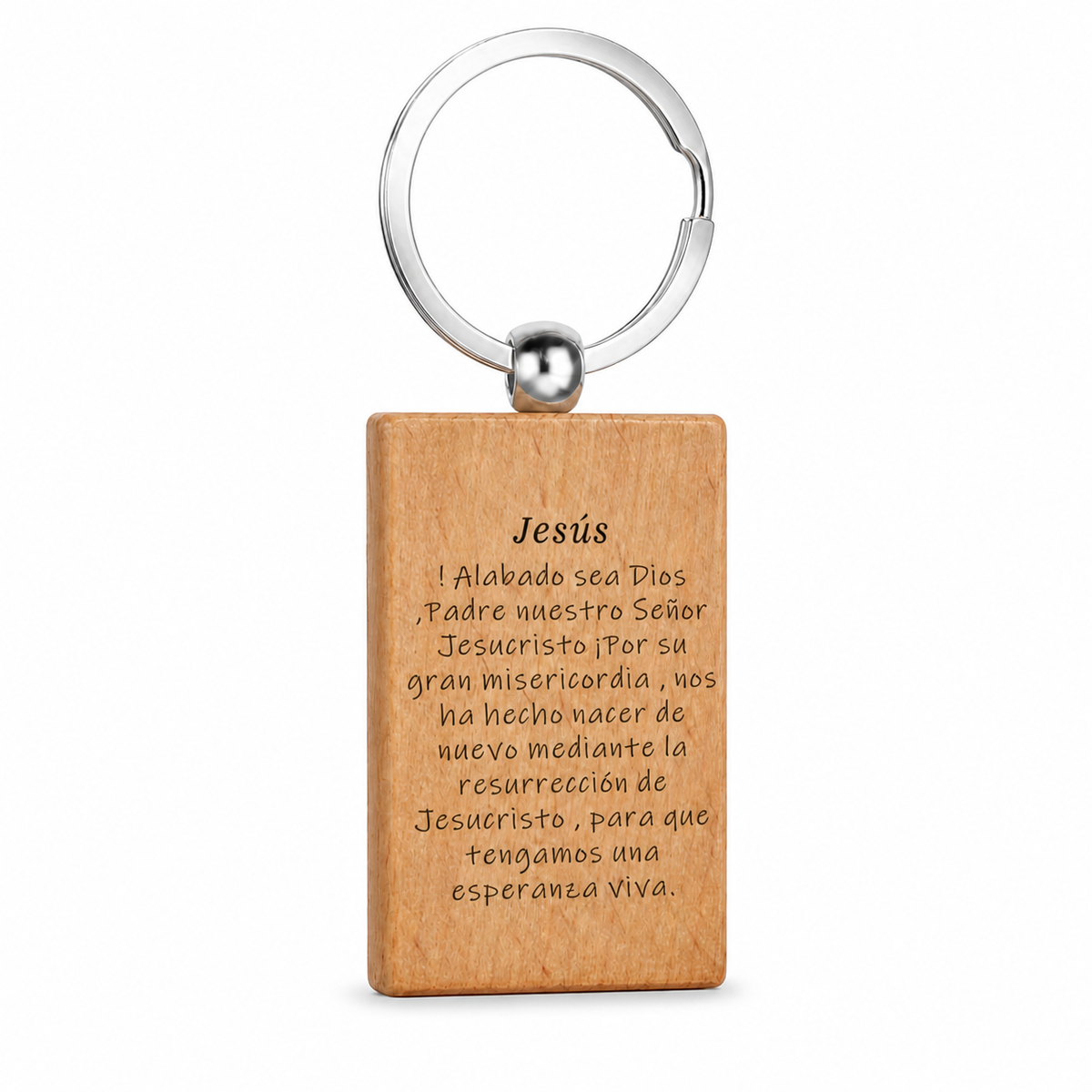 Reverso grabado del llavero de madera Jesús Crucificado con anilla de acero inoxidable