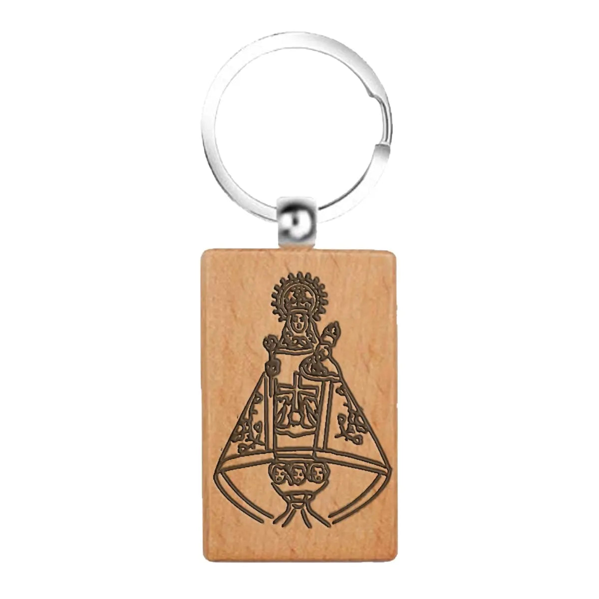 Llavero rectangular de madera natural con grabado oscuro de la Virgen de Covadonga La Santina souvenir religioso