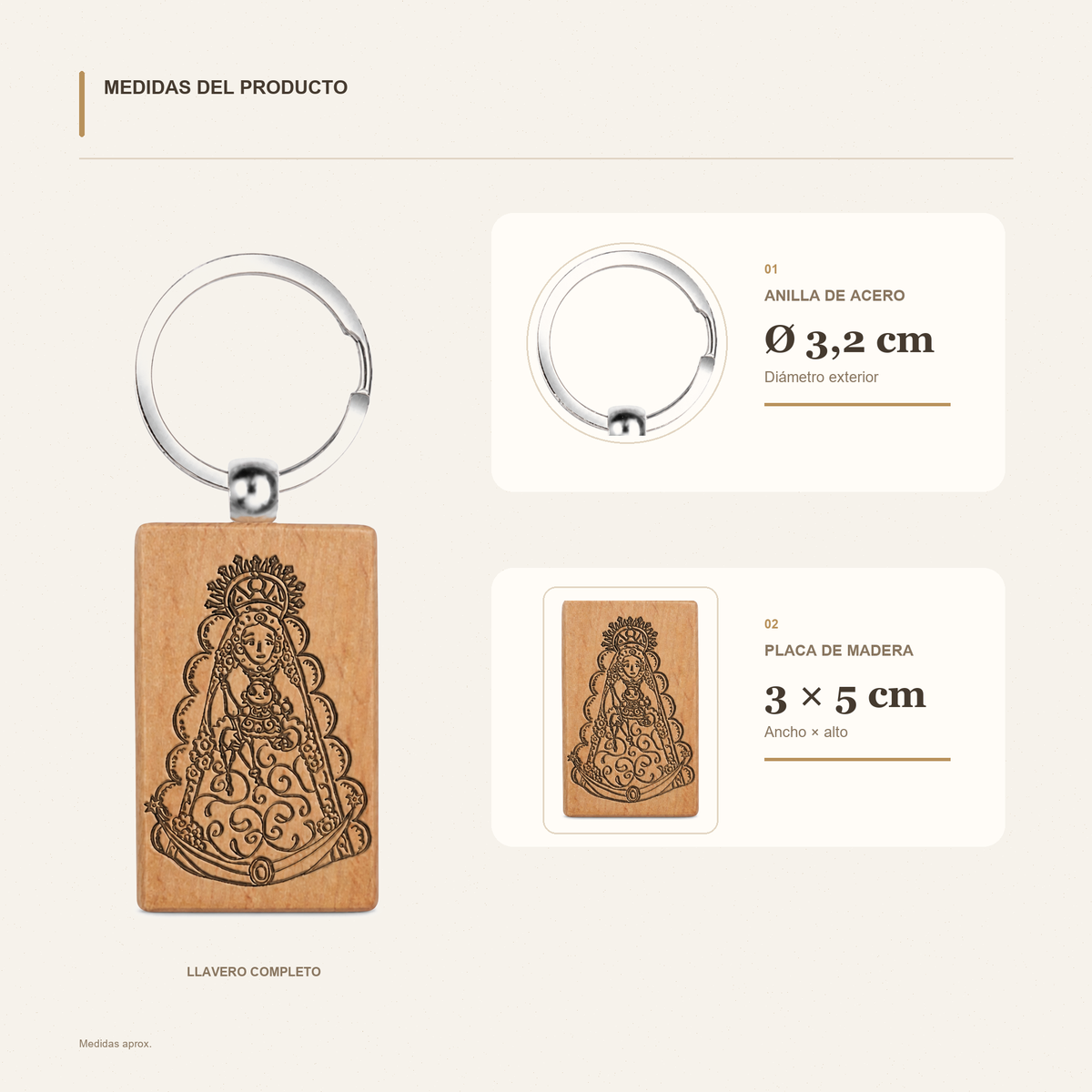 Medidas del producto: Llavero de Virgen del Rocío en Madera Natural