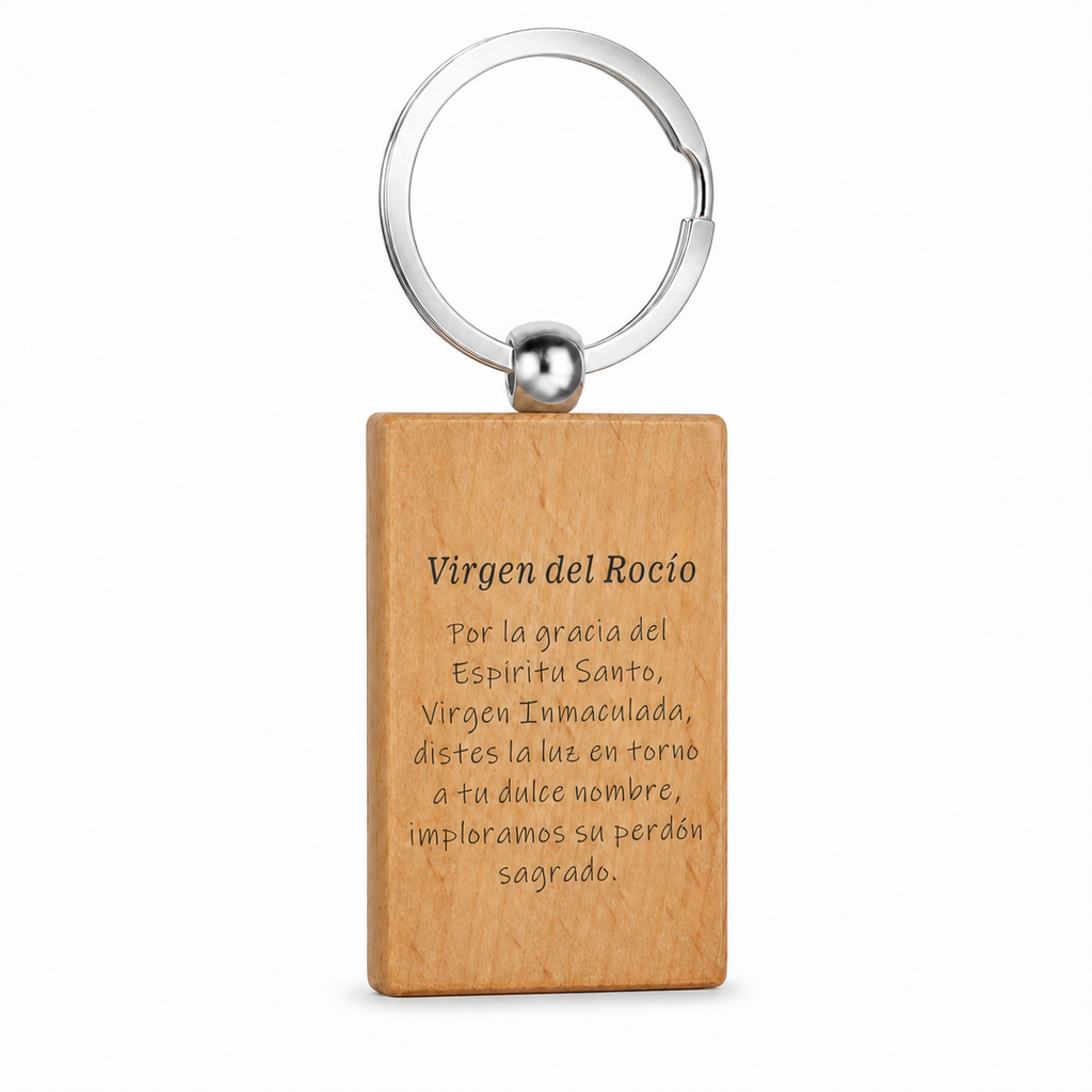 Reverso grabado del llavero de madera Virgen del Rocío con anilla de acero inoxidable