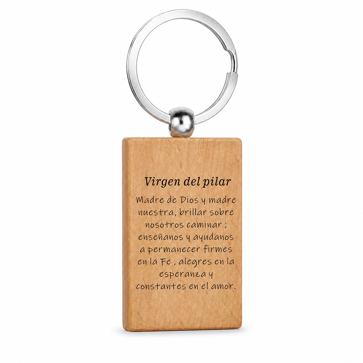 Reverso grabado del llavero de madera Virgen del Pilar con anilla de acero inoxidable