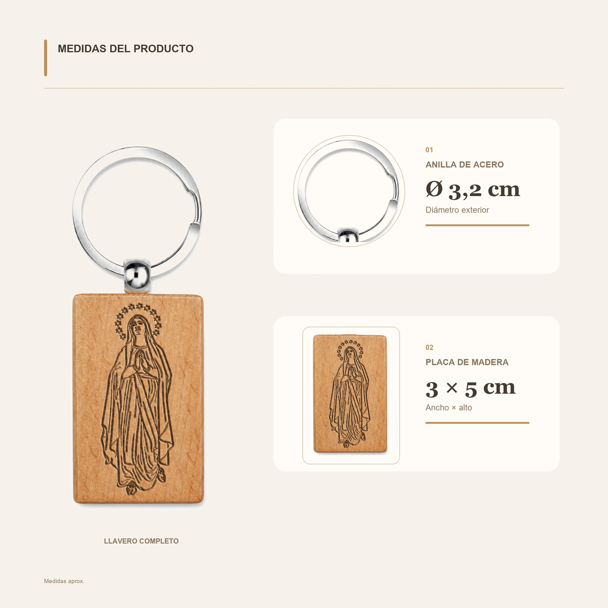 Medidas del producto: Llavero de Virgen de Lourdes en Madera Natural