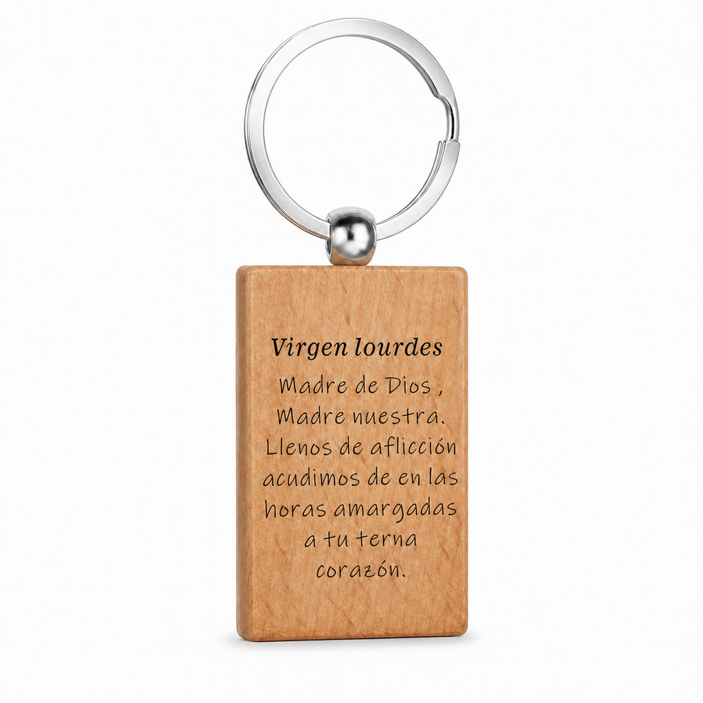 Reverso grabado del llavero de madera Virgen de Lourdes con anilla de acero inoxidable