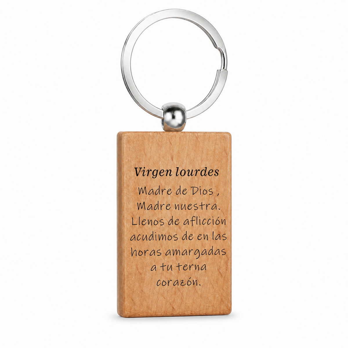 Reverso grabado del llavero de madera Virgen de Lourdes con anilla de acero inoxidable