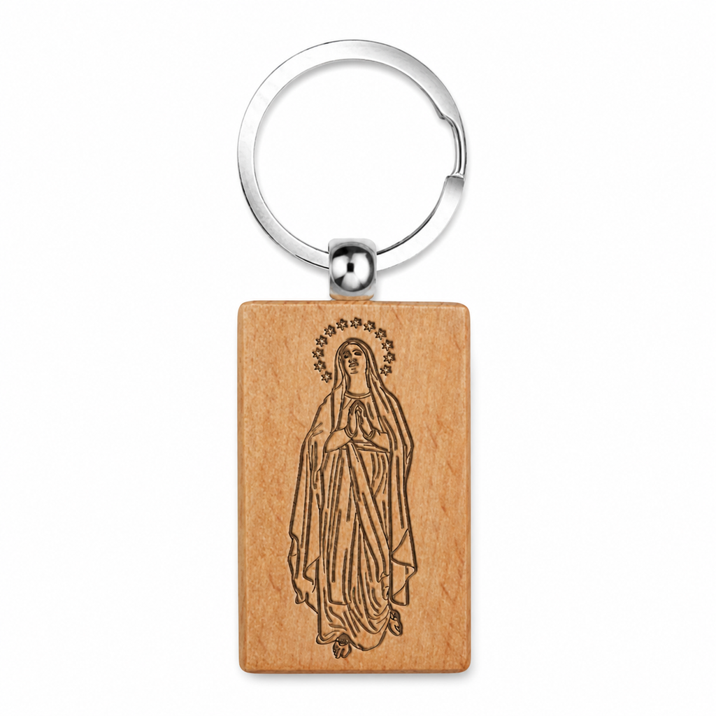 Llavero de Virgen de Lourdes en Madera Natural