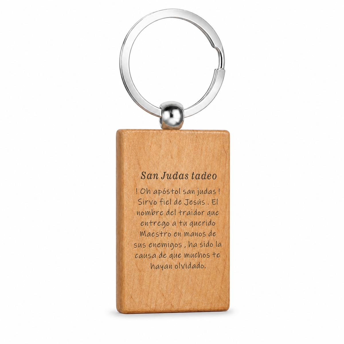 Reverso grabado del llavero de madera San Judas Tadeo con anilla de acero inoxidable