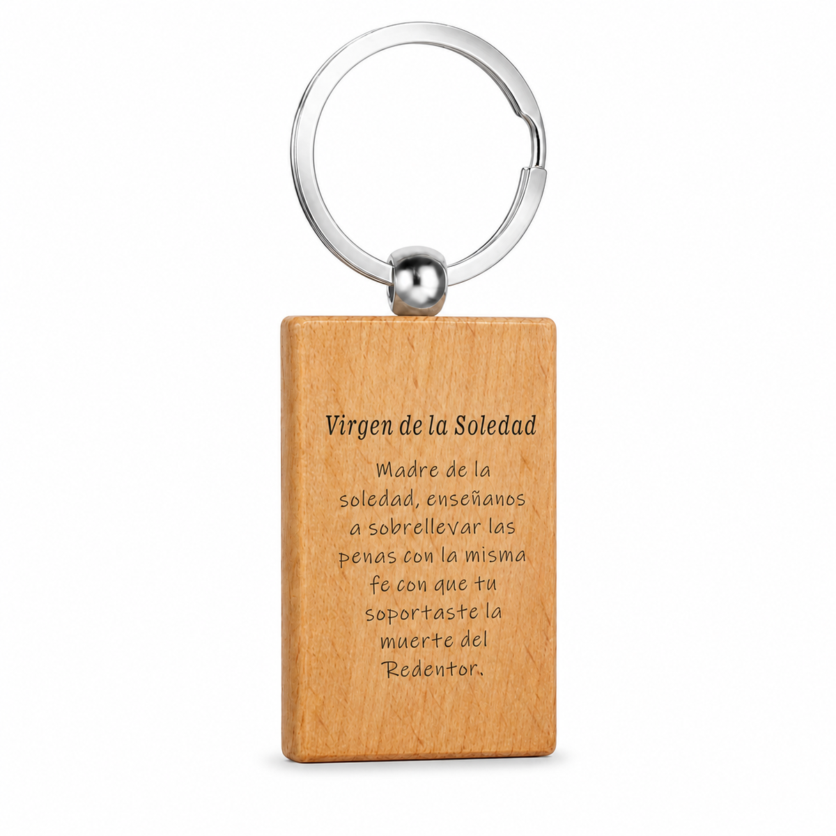 Reverso grabado del llavero de madera Virgen de la Soledad con anilla de acero inoxidable