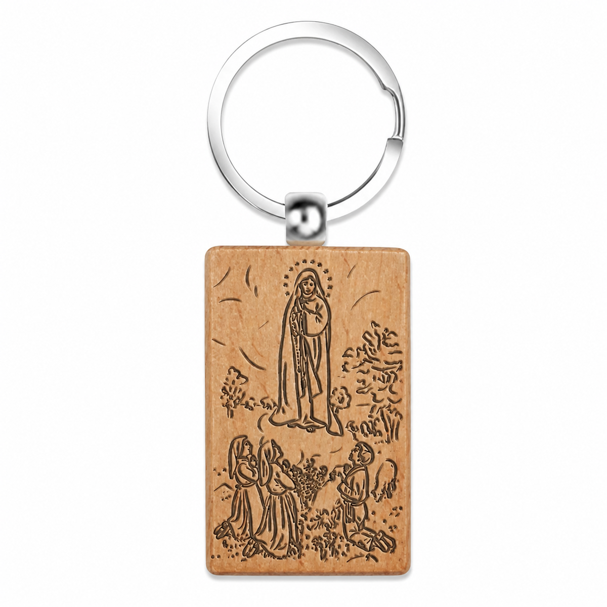 Llavero de Virgen de Fátima en Madera Natural