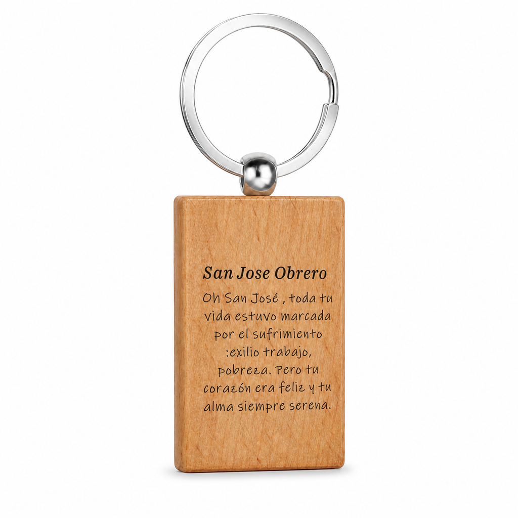 Reverso grabado del llavero de madera San José Obrero con anilla de acero inoxidable