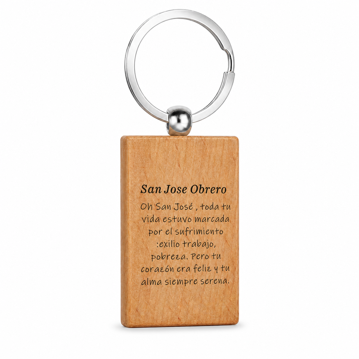Reverso grabado del llavero de madera San José Obrero con anilla de acero inoxidable