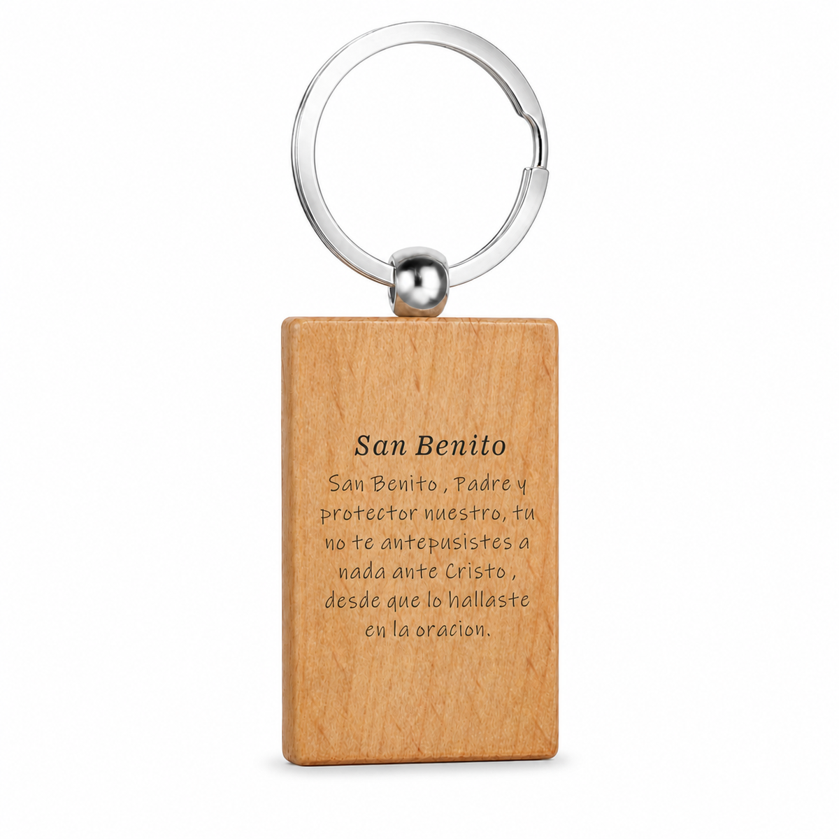 Reverso grabado del llavero de madera San Benito con anilla de acero inoxidable