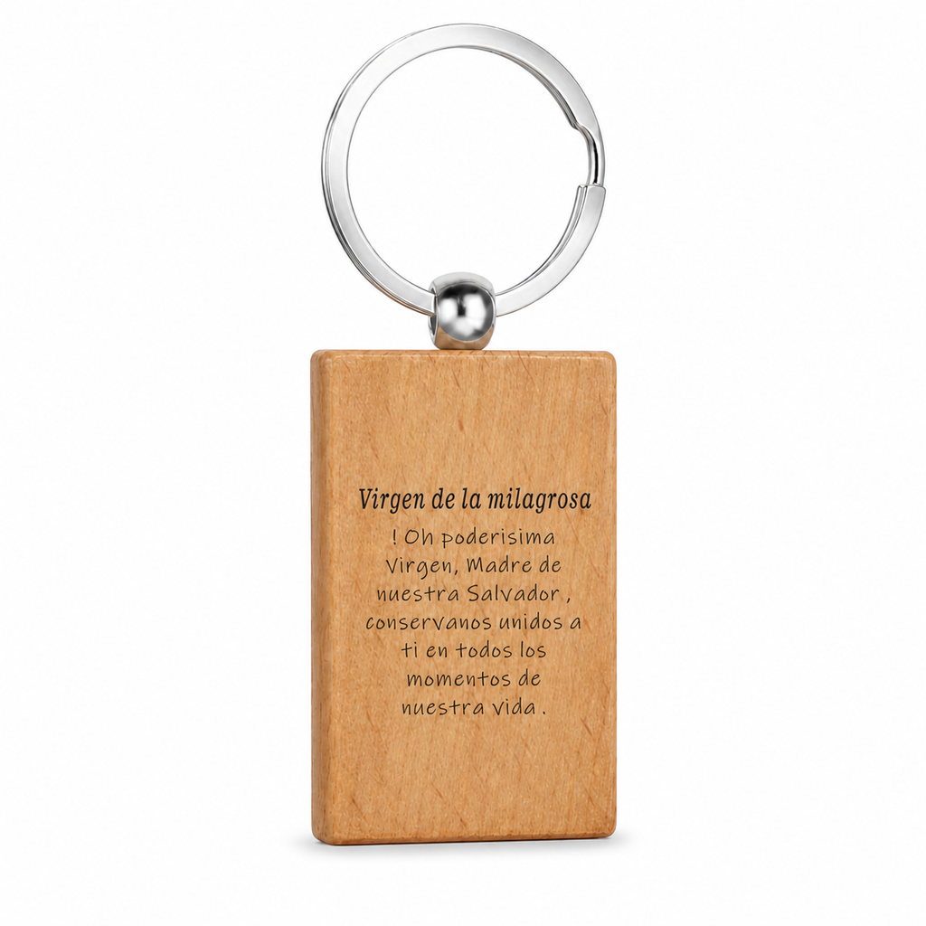 Reverso grabado del llavero de madera Virgen de la Milagrosa con anilla de acero inoxidable