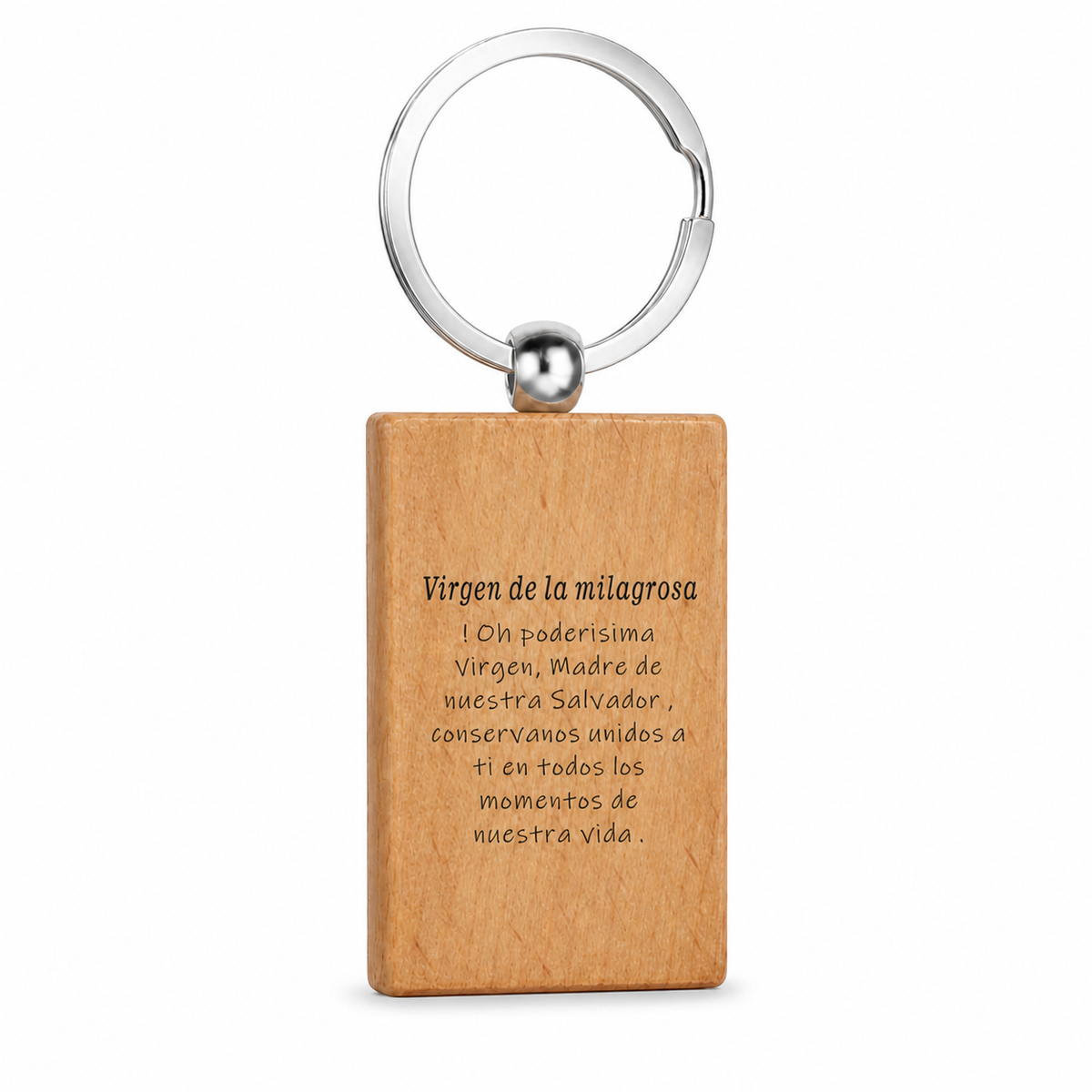 Reverso grabado del llavero de madera Virgen de la Milagrosa con anilla de acero inoxidable