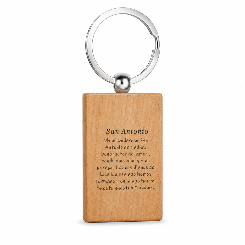 Reverso grabado del llavero de madera San Antonio con anilla de acero inoxidable