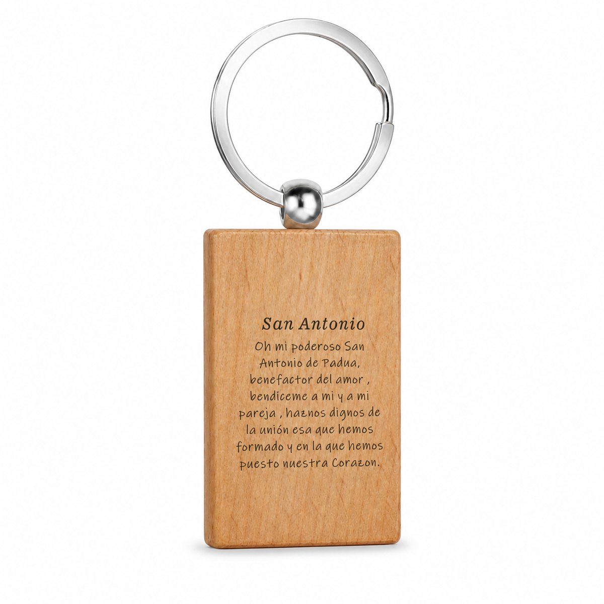 Reverso grabado del llavero de madera San Antonio con anilla de acero inoxidable